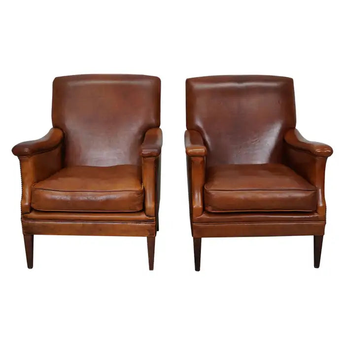 Vintage Dutch Cognac Colored Leather Club Chair, Set of 2
