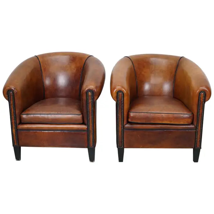 Vintage Dutch Cognac Colored Leather Club Chair, Set of 2
