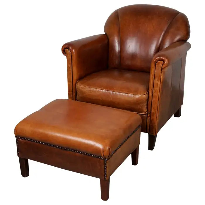 Vintage Dutch Cognac Colored Leather Club Chair, with Footstool