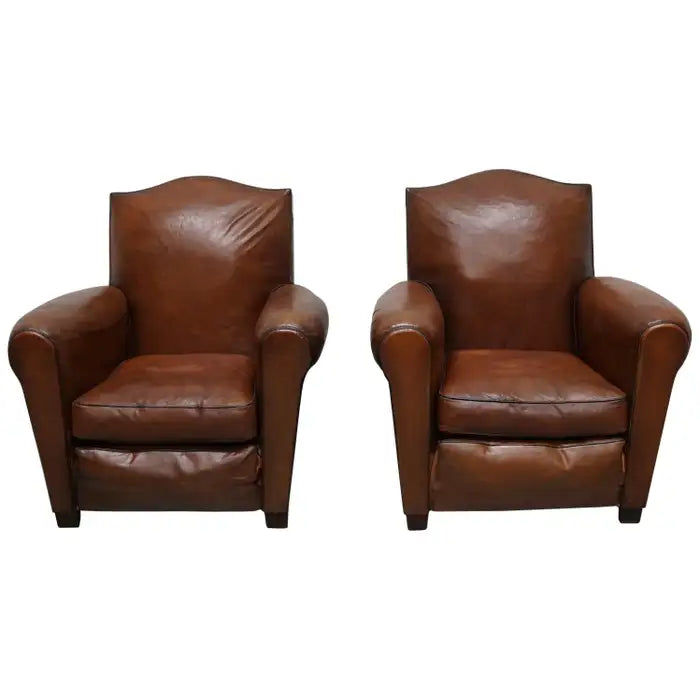 Pair of French Cognac Moustache Back Leather Club Chairs, 1940s