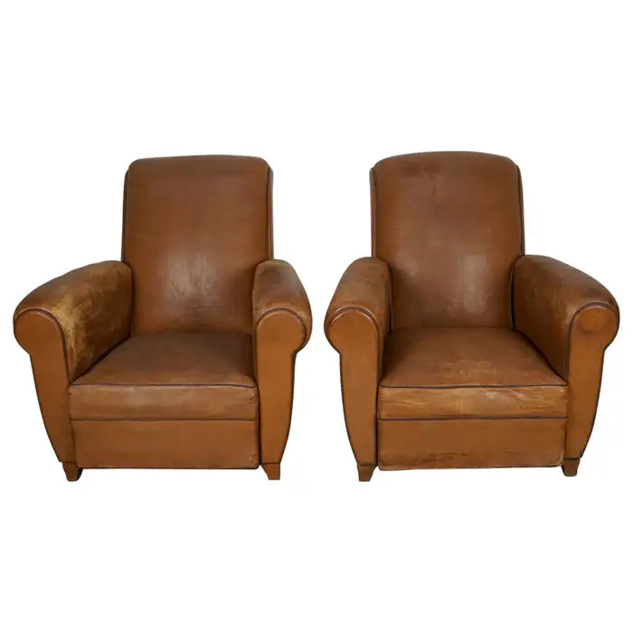 Pair of French Cognac Vintage Leather Club Chairs, 1950s