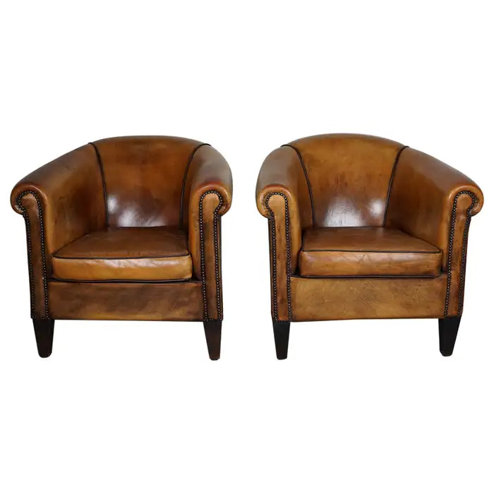 Vintage Dutch Cognac Colored Leather Club Chair, Set of 2