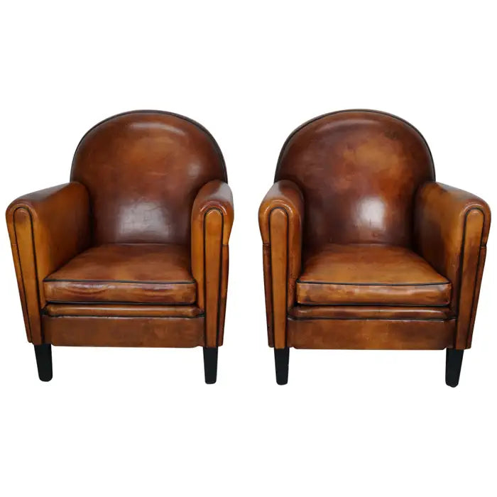 Vintage Dutch Cognac Colored Leather Club Chair, Set of 2