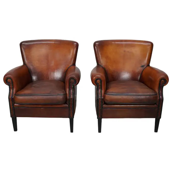 Vintage Dutch Cognac Colored Leather Club Chair, Set of 2