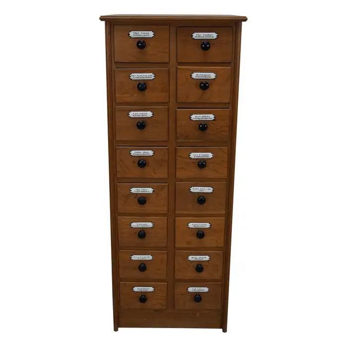Vintage German Oak Apothecary Cabinet with Enamel Shields, 1940s