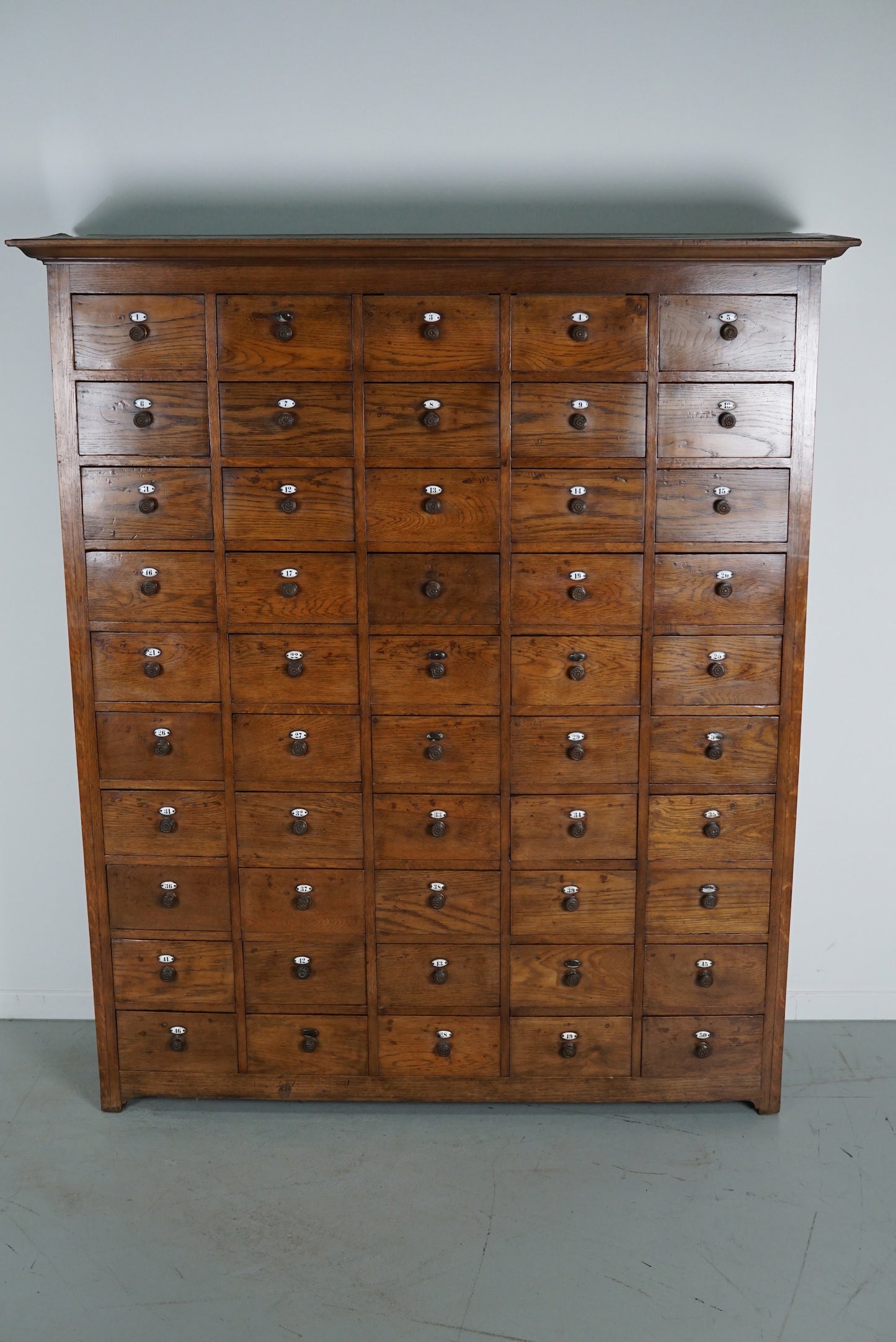 Large Dutch Oak Apothecary Cabinet / Barber Cabinet with Enamel Shields, 1900s