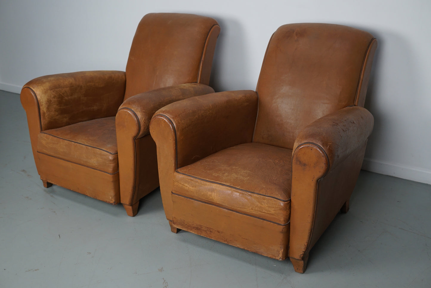 Pair of French Cognac Vintage Leather Club Chairs, 1950s