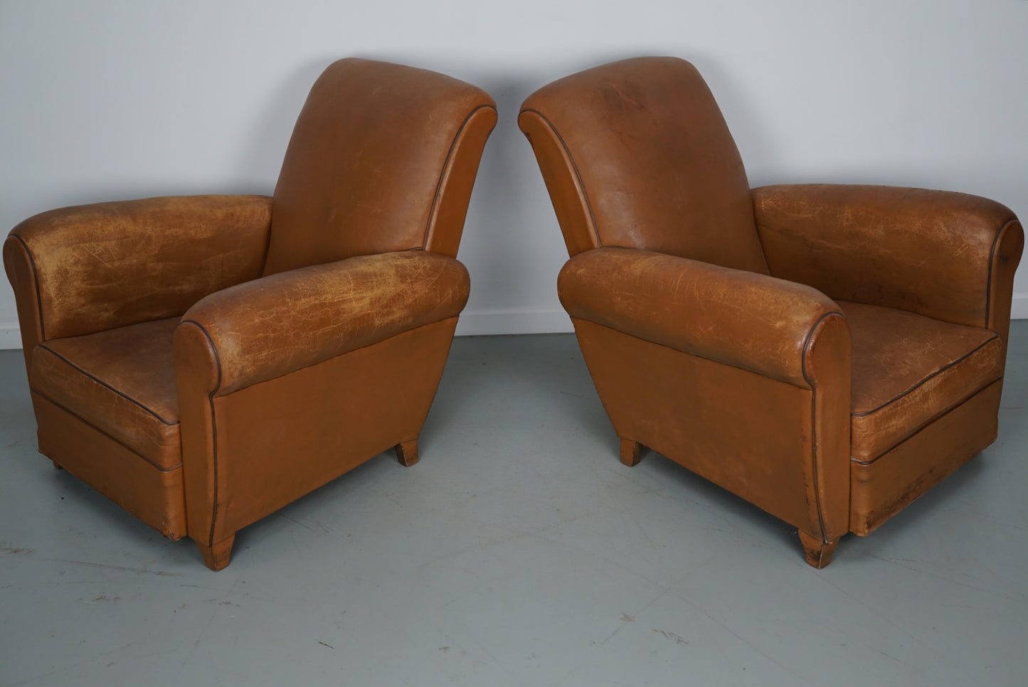 Pair of French Cognac Vintage Leather Club Chairs, 1950s