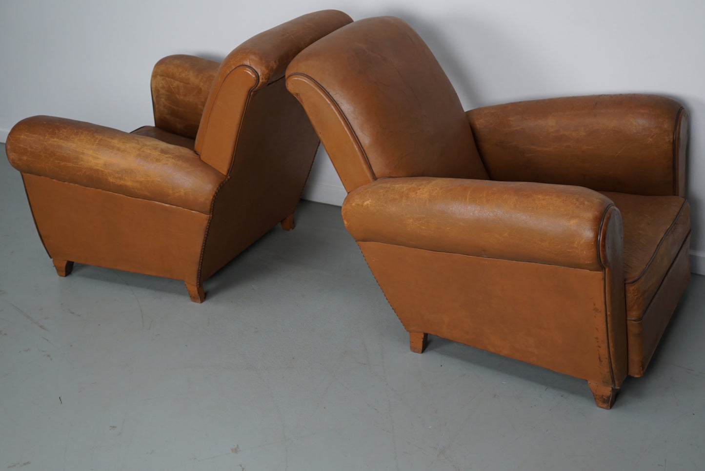 Pair of French Cognac Vintage Leather Club Chairs, 1950s