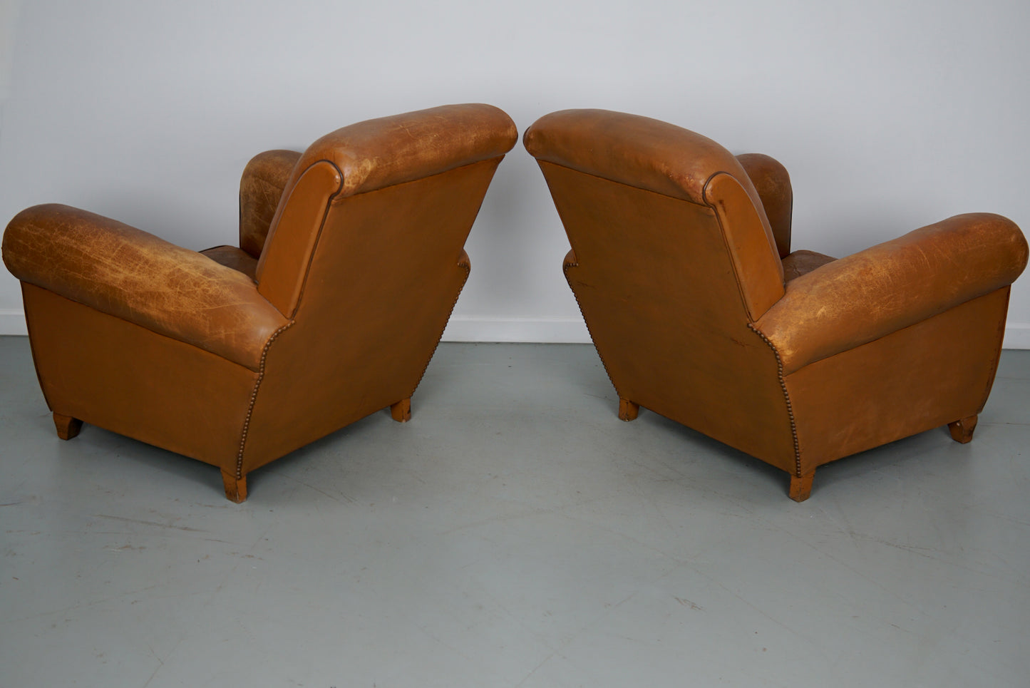 Pair of French Cognac Vintage Leather Club Chairs, 1950s