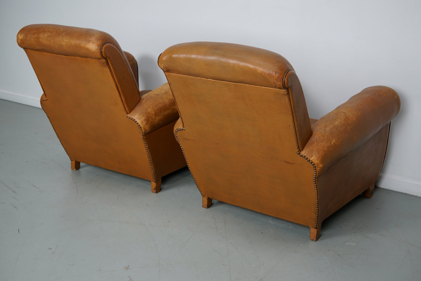 Pair of French Cognac Vintage Leather Club Chairs, 1950s
