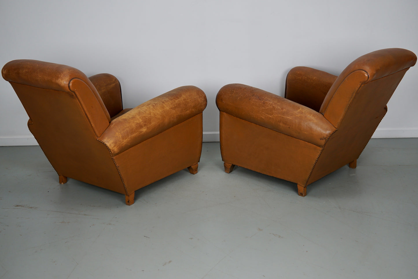 Pair of French Cognac Vintage Leather Club Chairs, 1950s