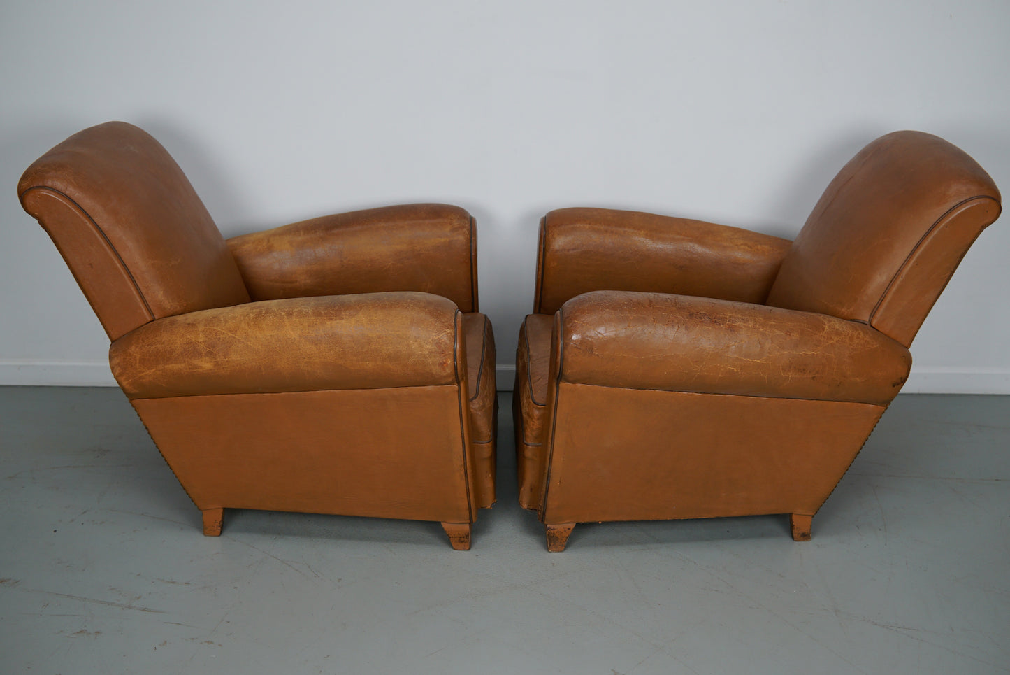 Pair of French Cognac Vintage Leather Club Chairs, 1950s