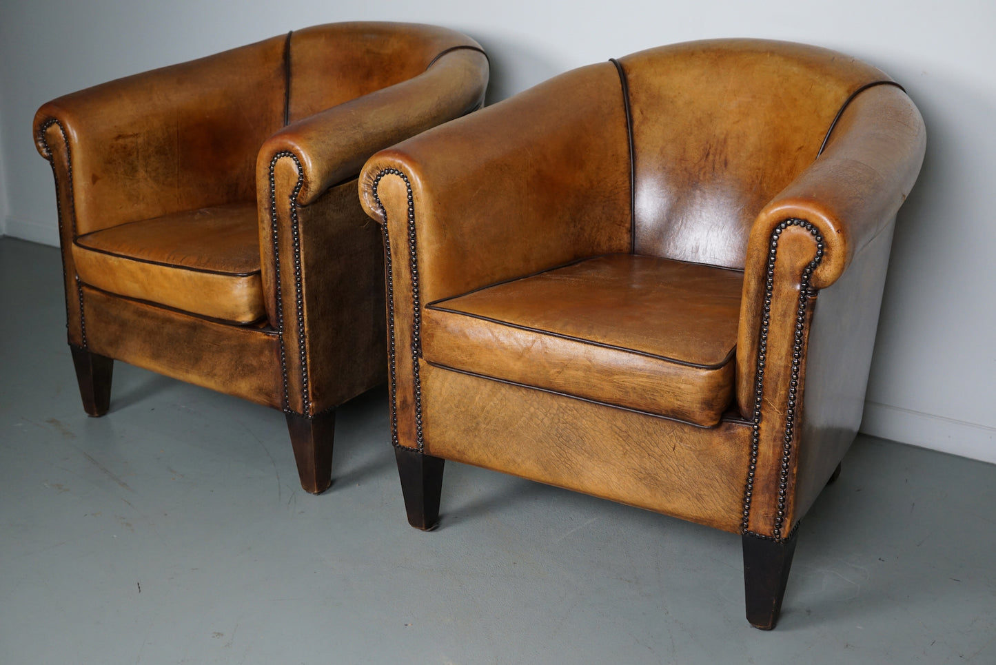 Vintage Dutch Cognac Colored Leather Club Chair, Set of 2