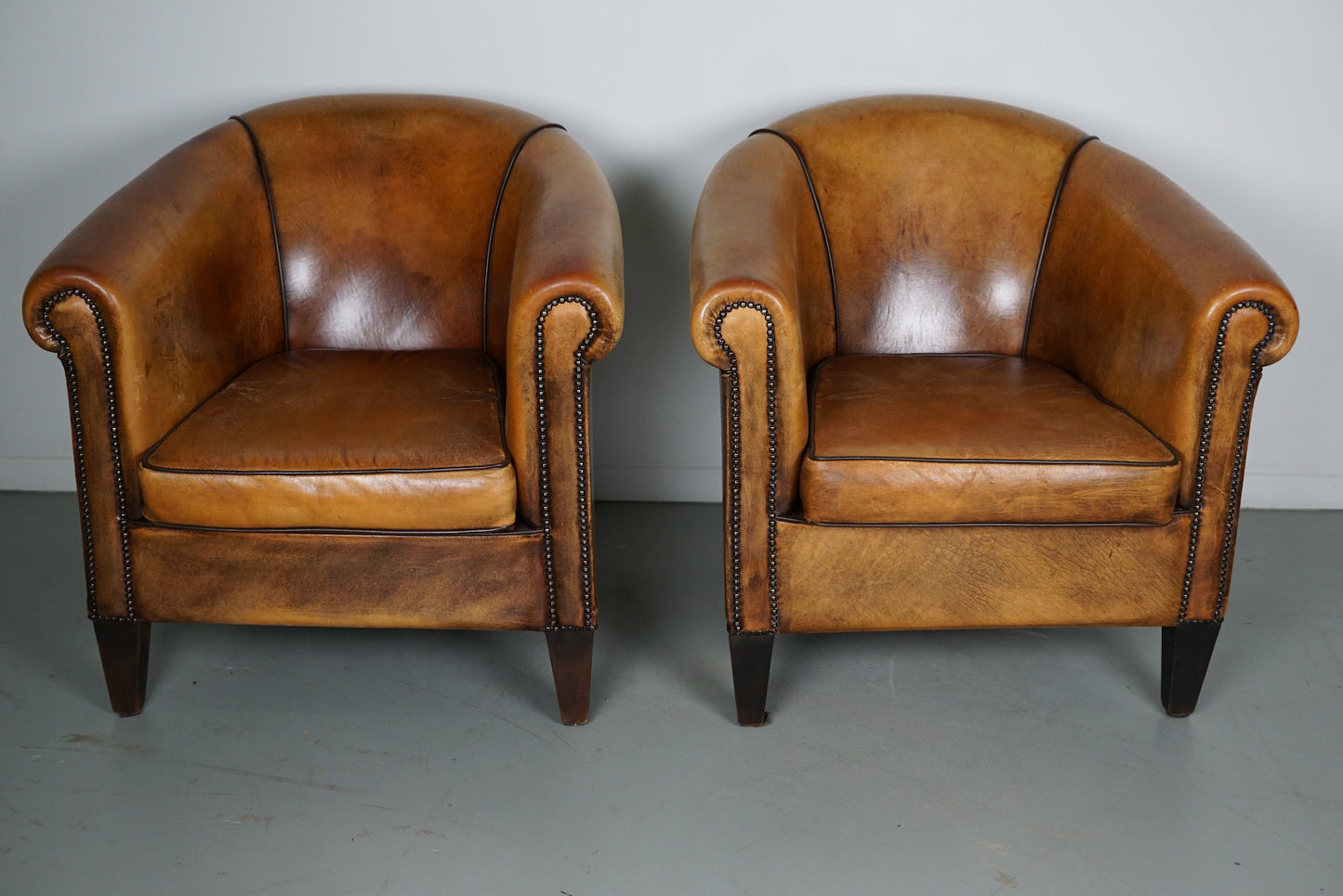 Vintage Dutch Cognac Colored Leather Club Chair, Set of 2