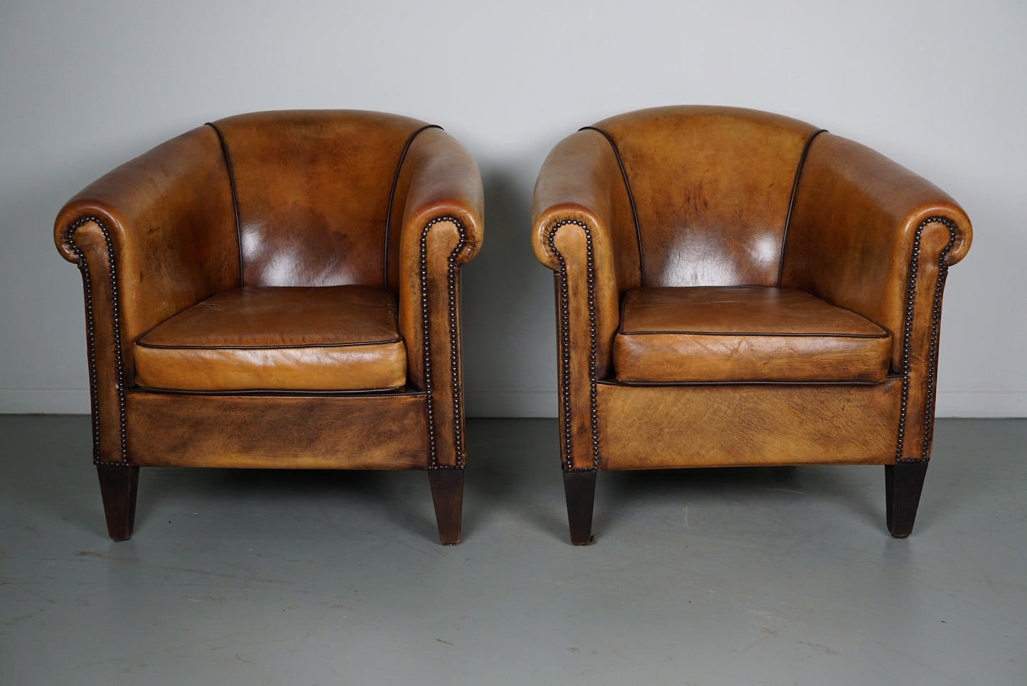 Vintage Dutch Cognac Colored Leather Club Chair, Set of 2