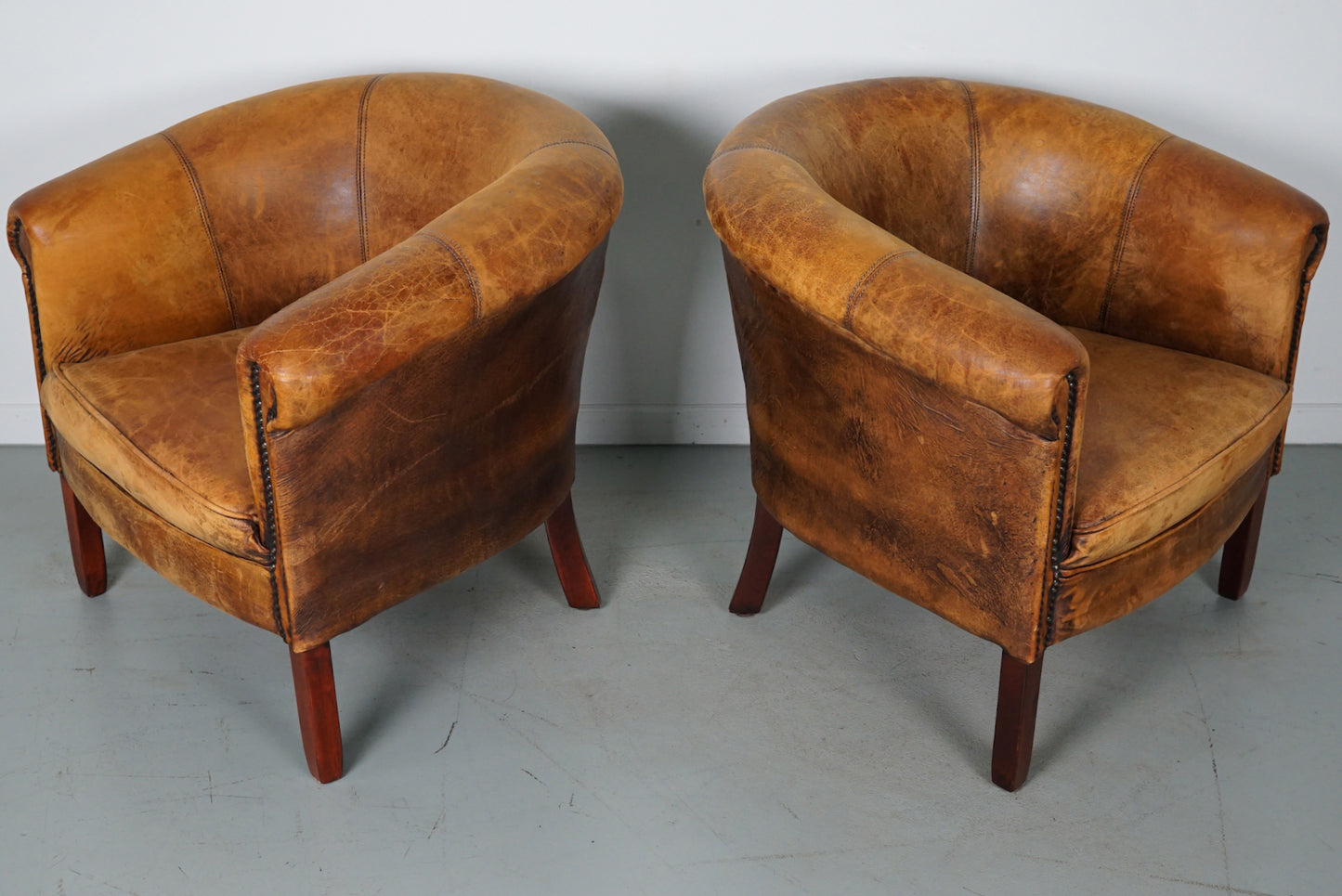 Vintage Dutch Cognac Colored Leather Club Chair, Set of 2 with Footstools