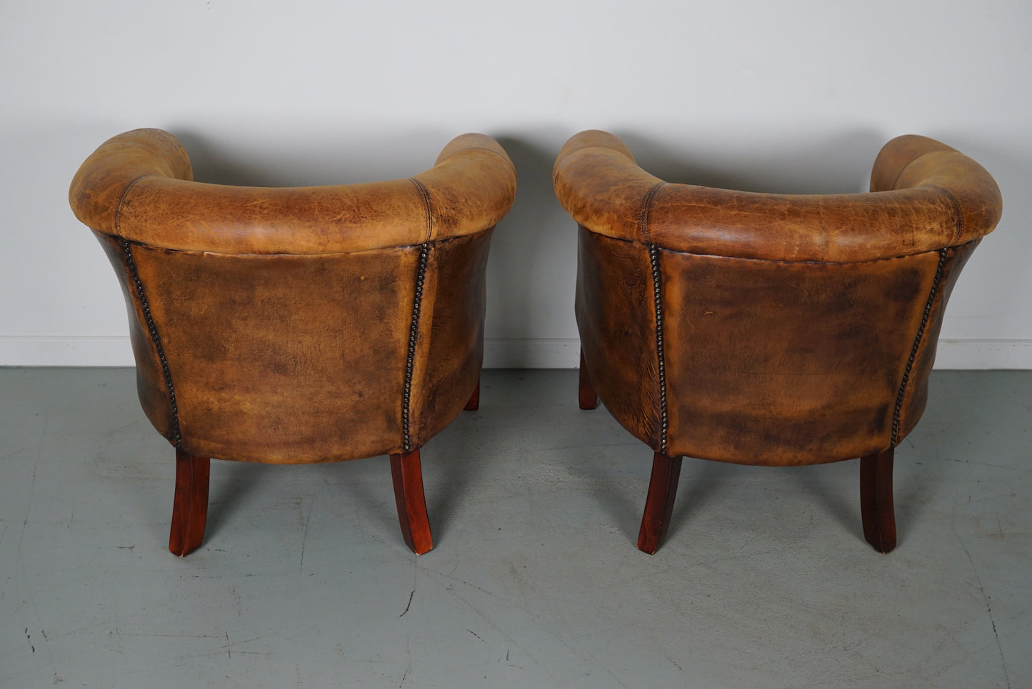Vintage Dutch Cognac Colored Leather Club Chair, Set of 2 with Footstools