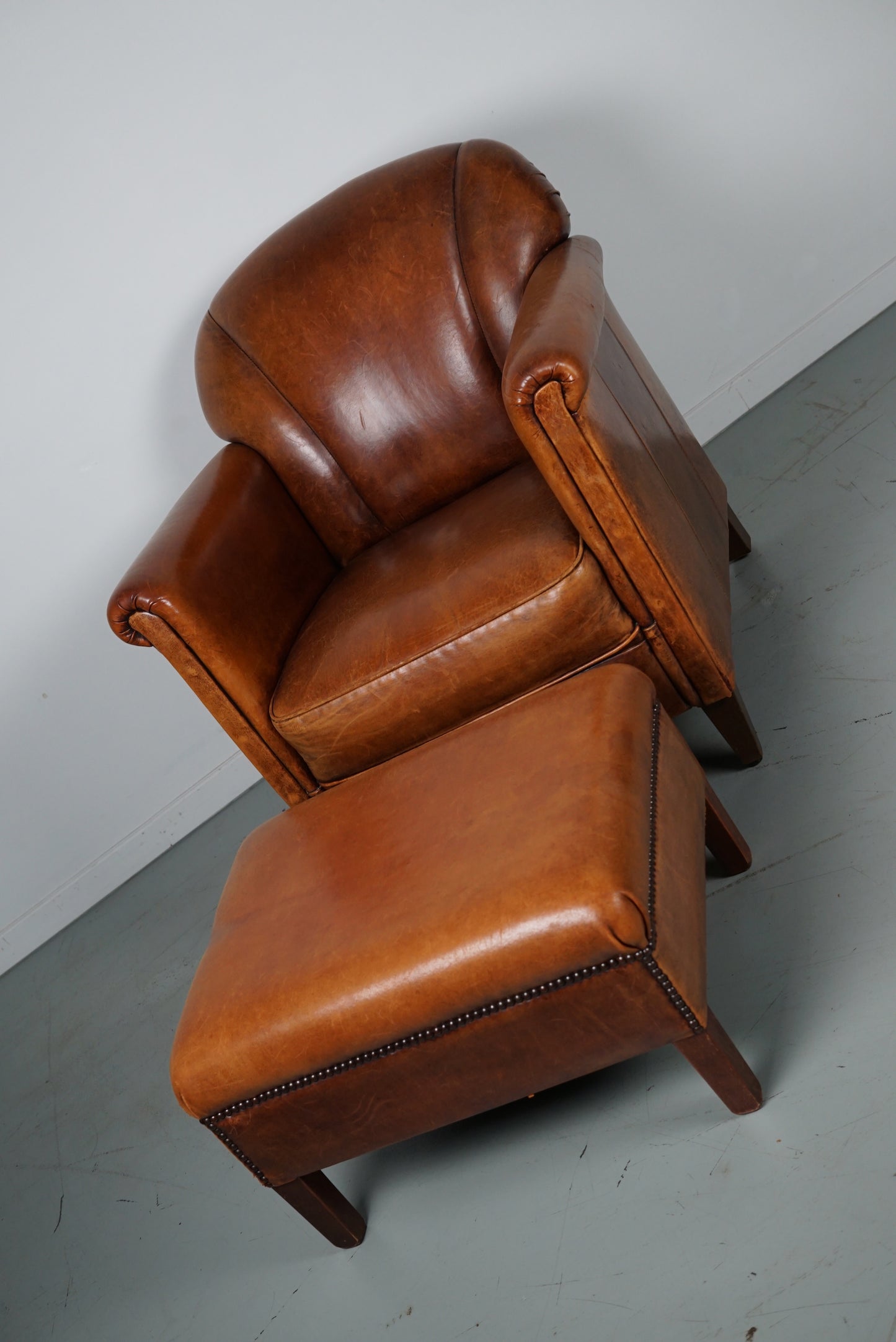 Vintage Dutch Cognac Colored Leather Club Chair, with Footstool