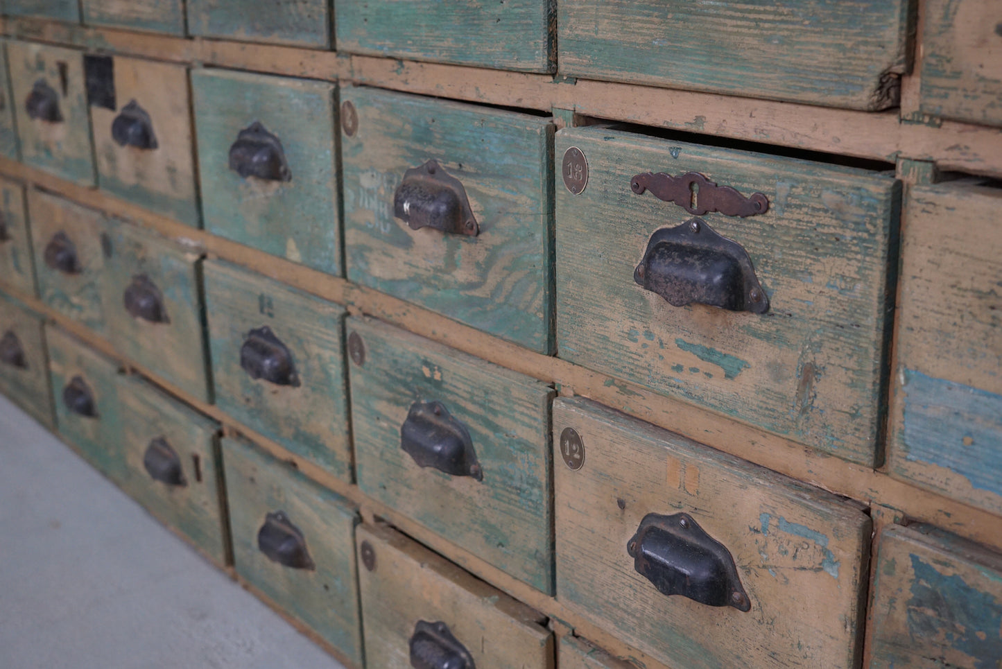 Industrial Large French Painted Pine Hardware Store Cabinet, 1950s