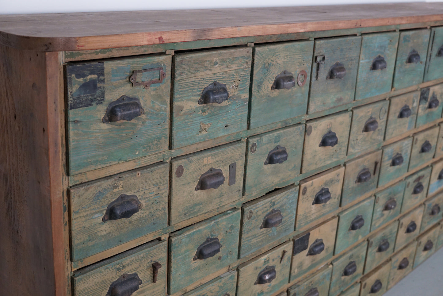 Industrial Large French Painted Pine Hardware Store Cabinet, 1950s