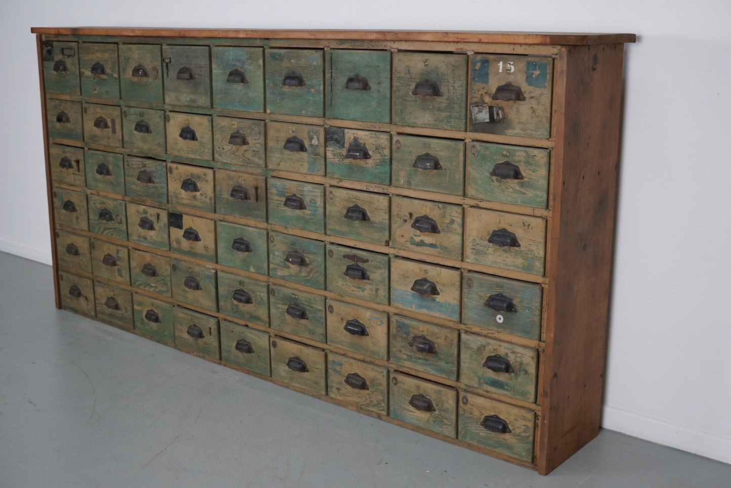 Industrial Large French Painted Pine Hardware Store Cabinet, 1950s