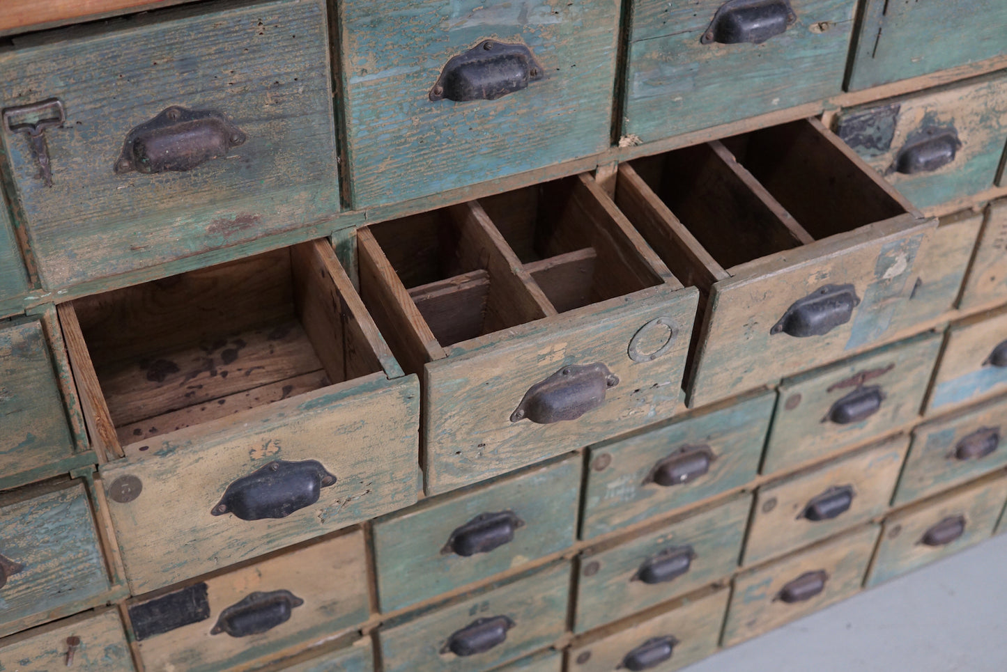 Industrial Large French Painted Pine Hardware Store Cabinet, 1950s
