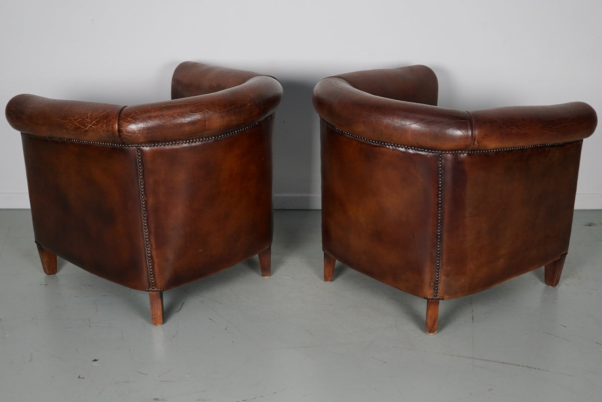 Vintage Dutch Cognac Colored Leather Club Chair, Set of 2