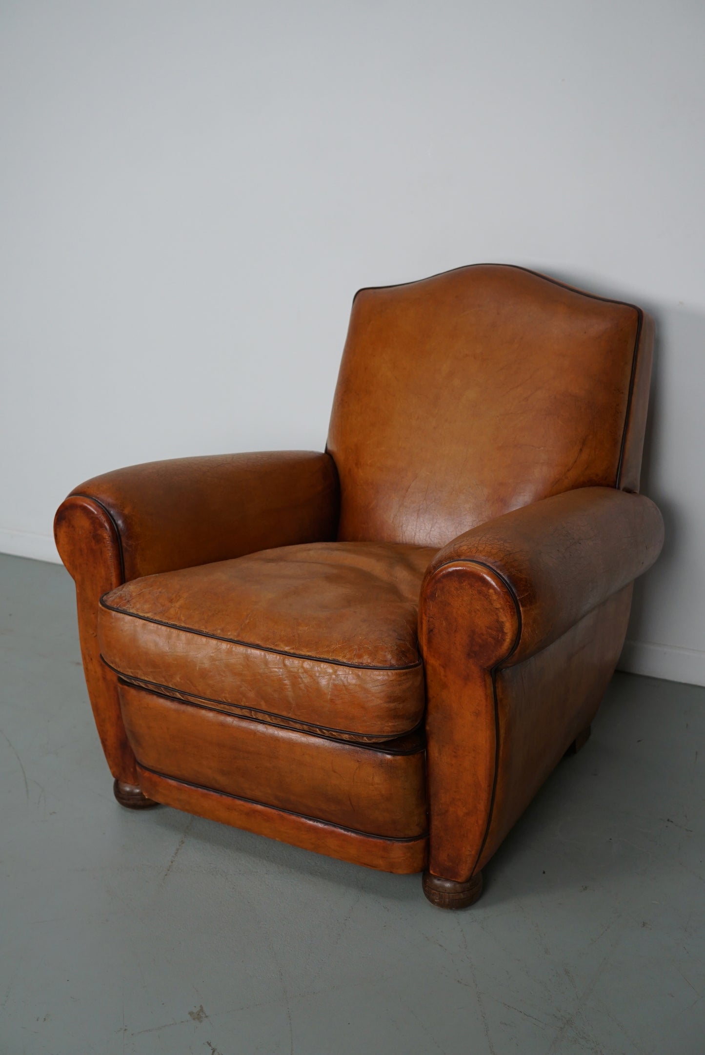 Vintage French Moustache Back Cognac-Colored Leather Club Chair