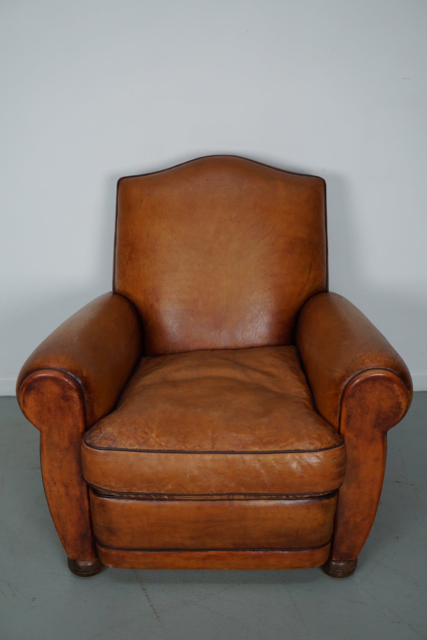 Vintage French Moustache Back Cognac-Colored Leather Club Chair