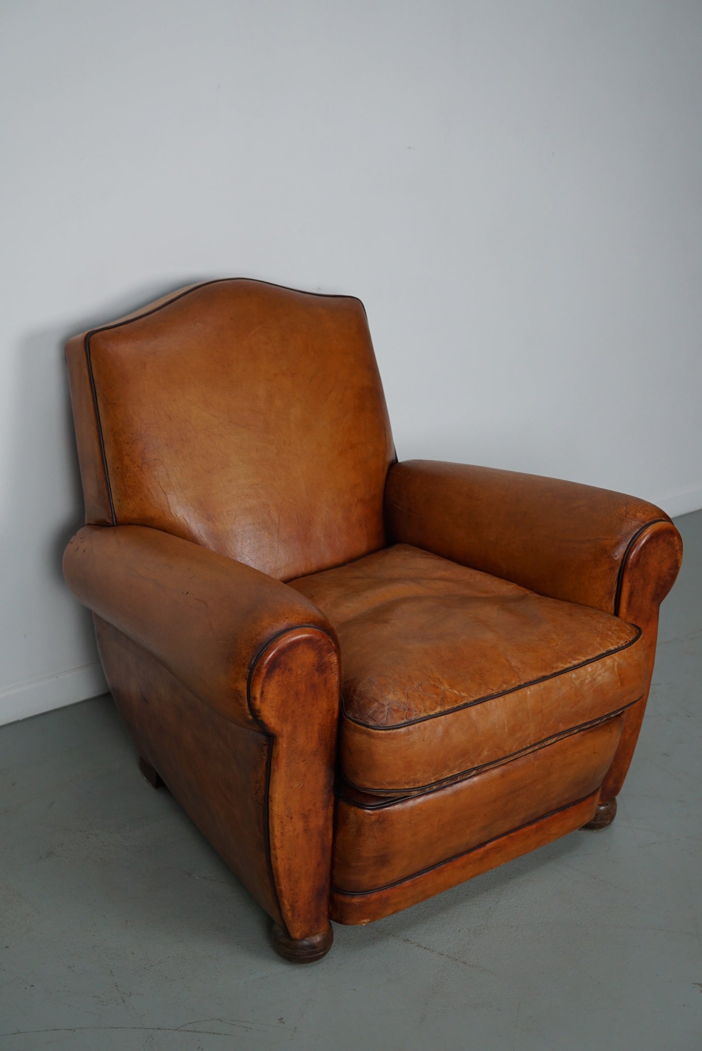 Vintage French Moustache Back Cognac-Colored Leather Club Chair