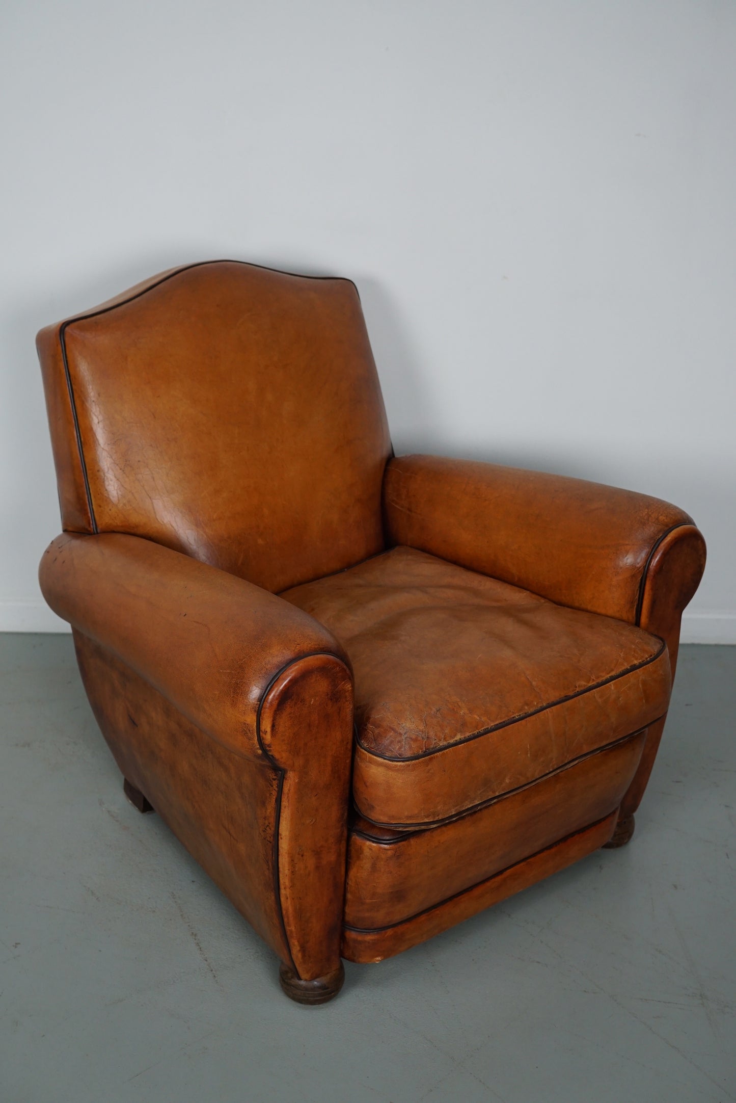 Vintage French Moustache Back Cognac-Colored Leather Club Chair