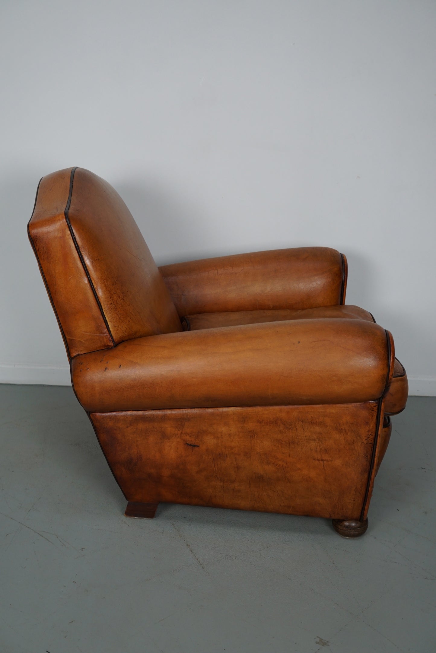 Vintage French Moustache Back Cognac-Colored Leather Club Chair