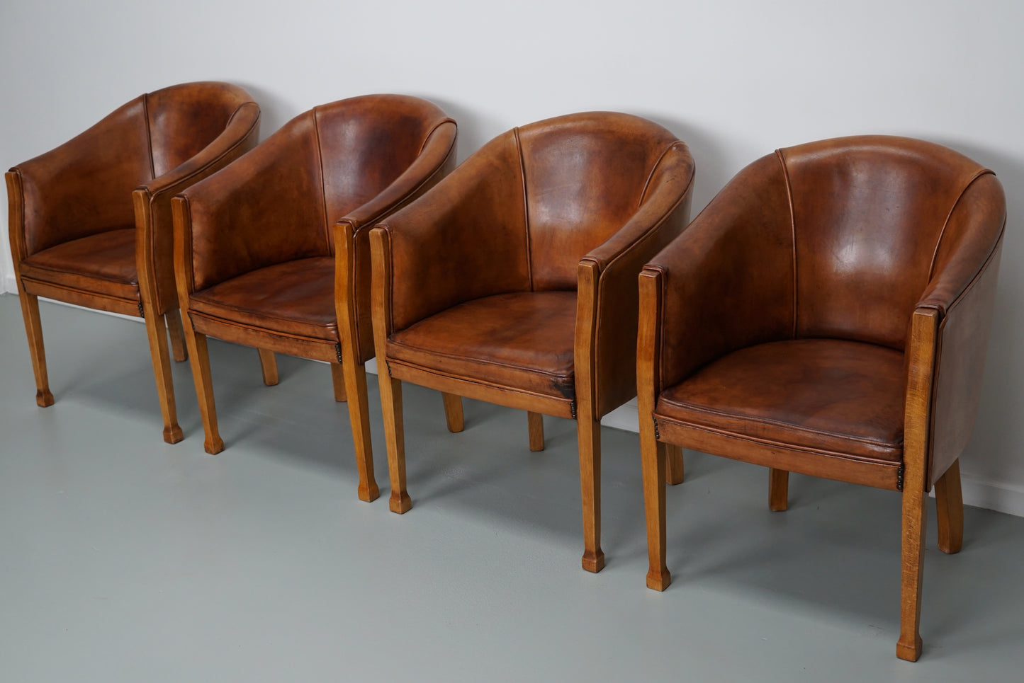 Art Deco Style Dutch Cognac Leather Club Chairs, Set of Four