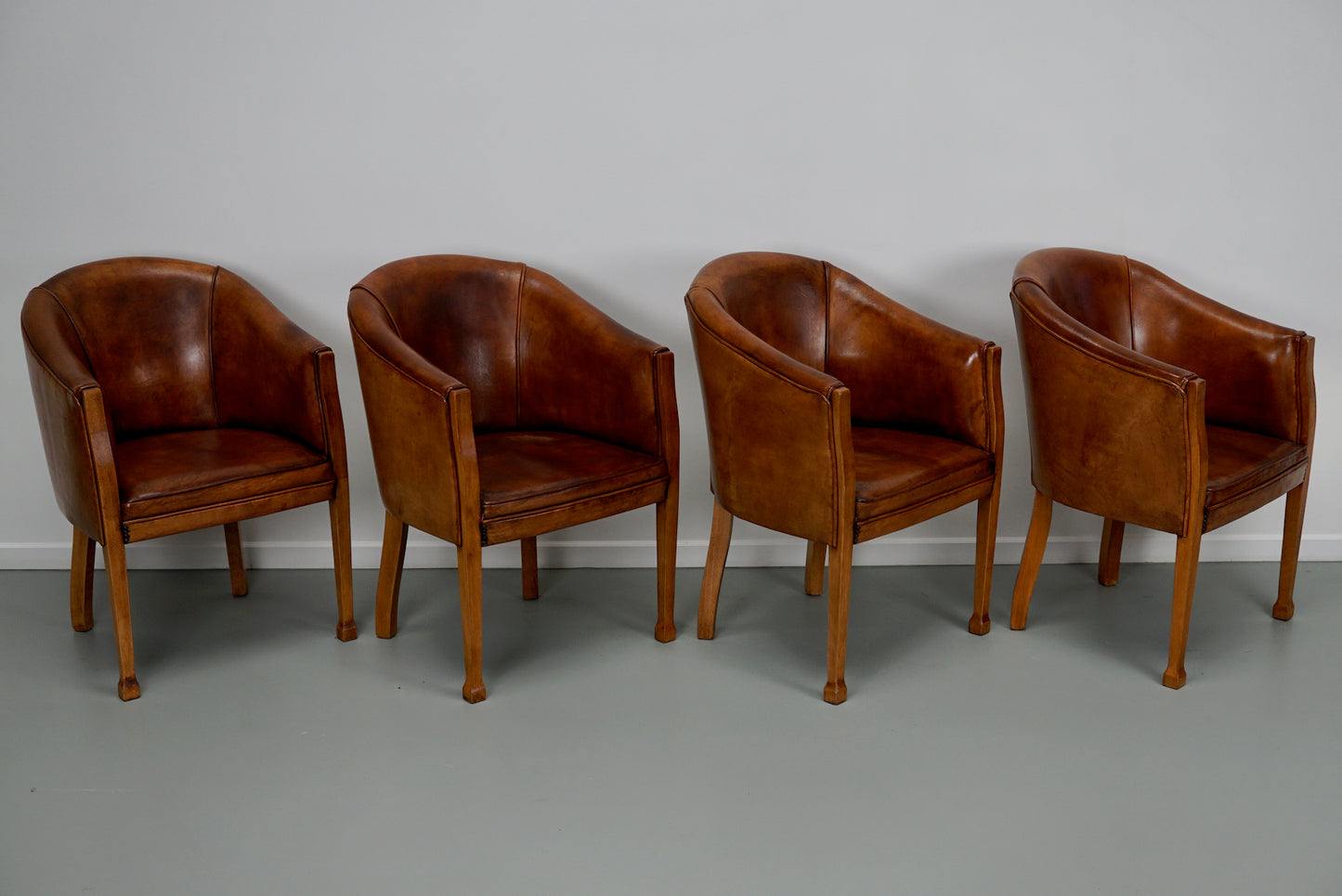 Art Deco Style Dutch Cognac Leather Club Chairs, Set of Four