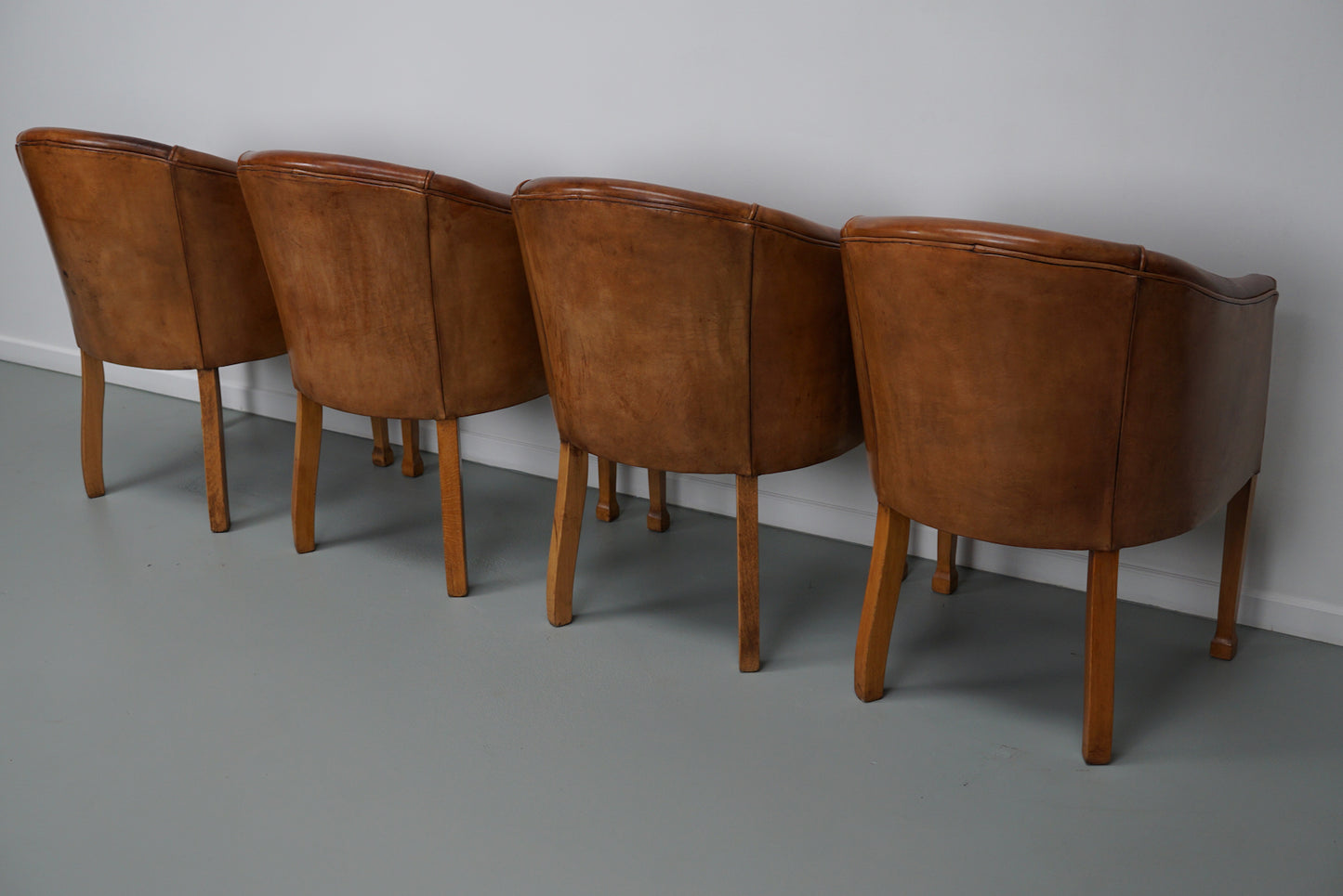 Art Deco Style Dutch Cognac Leather Club Chairs, Set of Four