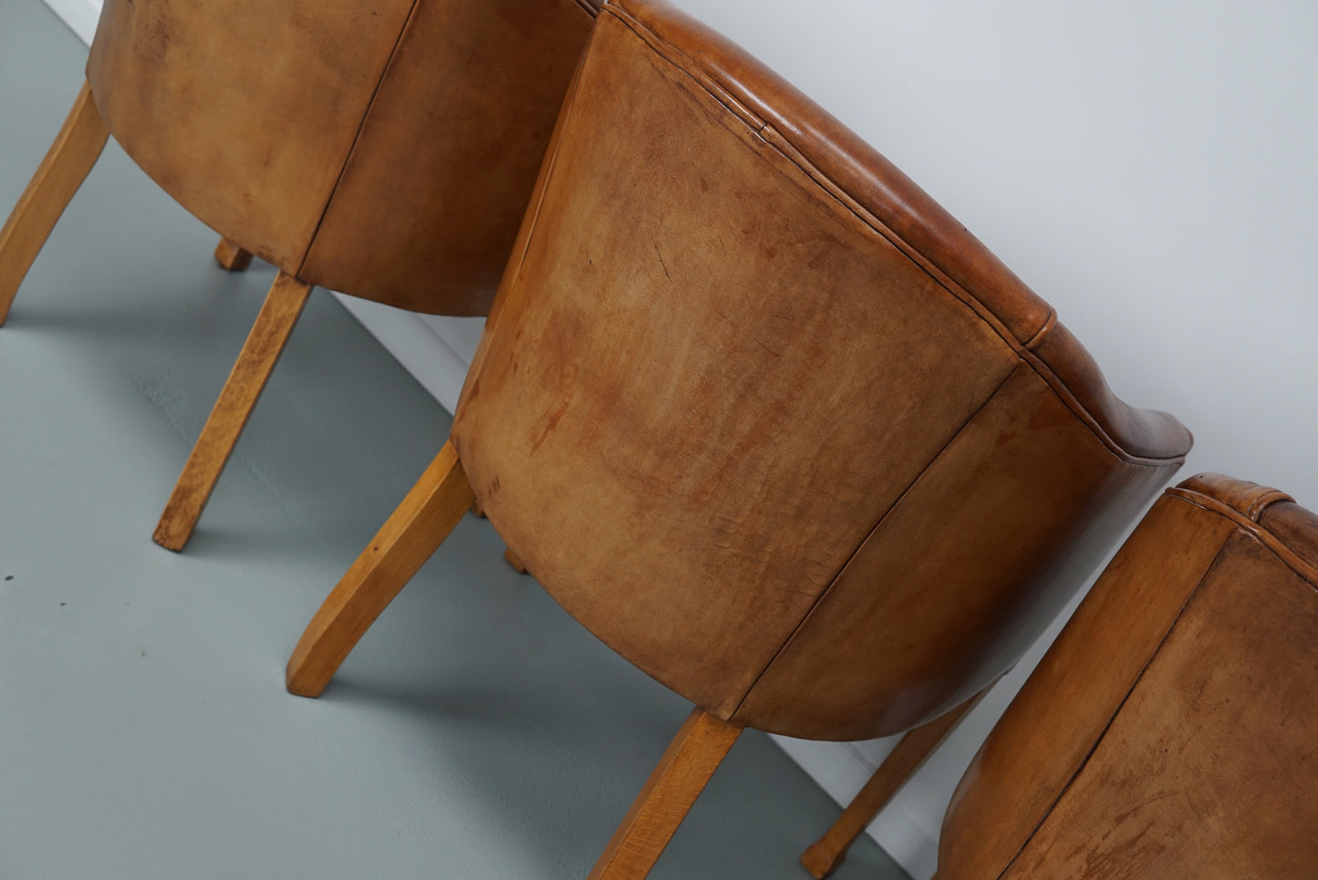 Art Deco Style Dutch Cognac Leather Club Chairs, Set of Four