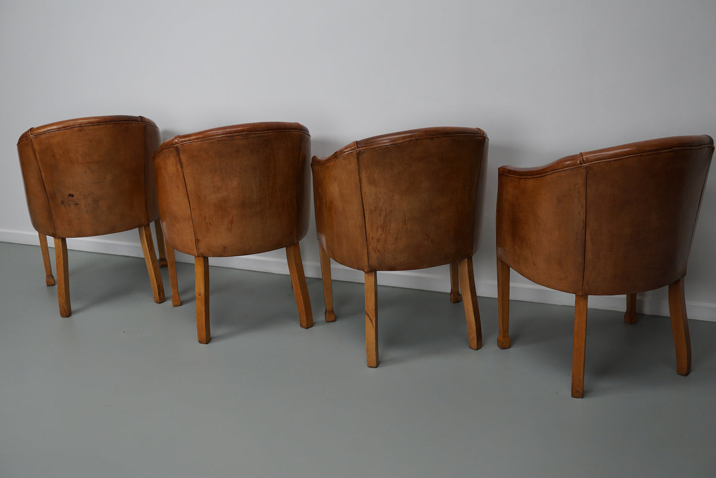Art Deco Style Dutch Cognac Leather Club Chairs, Set of Four
