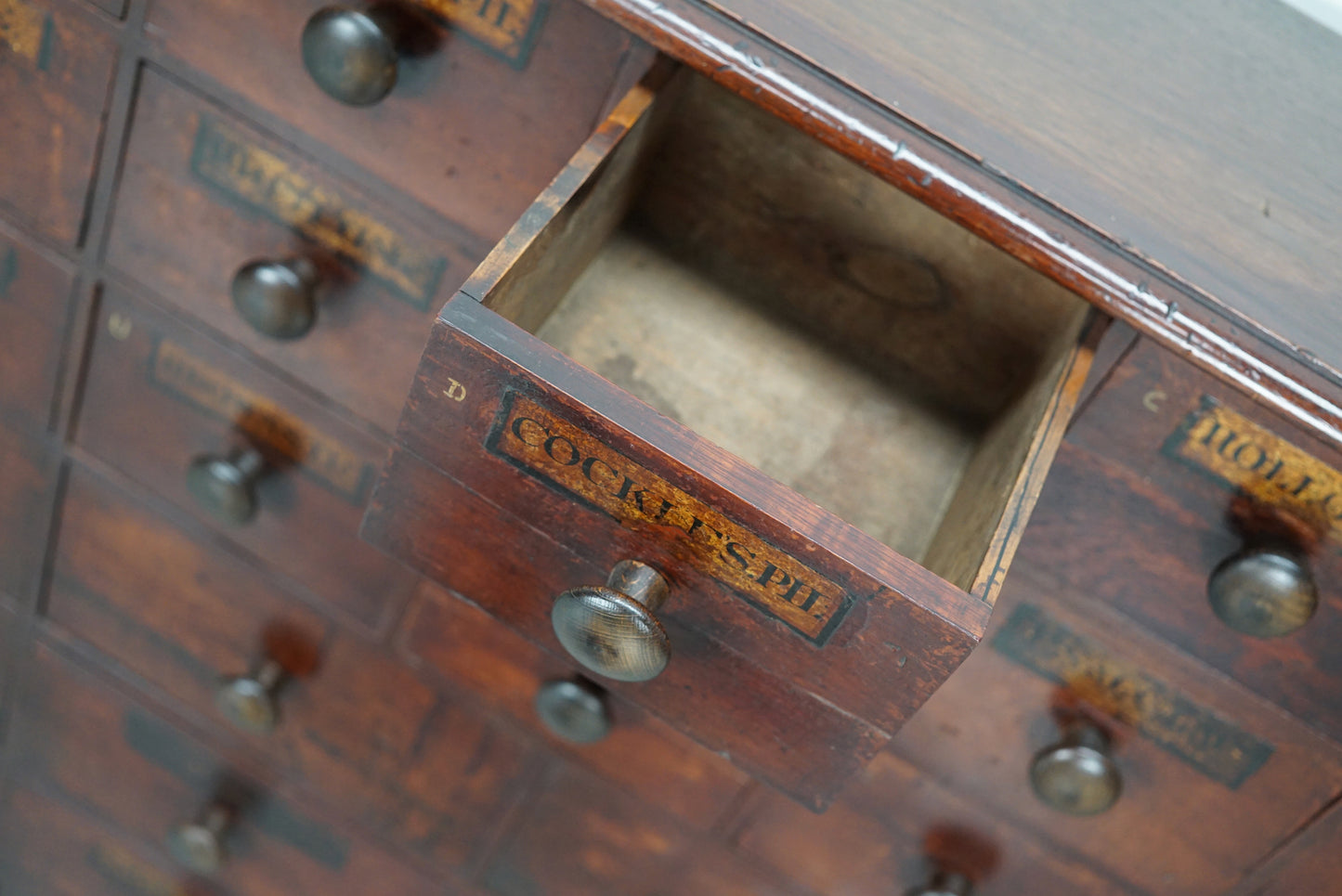 Antique Hardwood Apothecary Cabinet / Bank of Drawers, England, 19th Century
