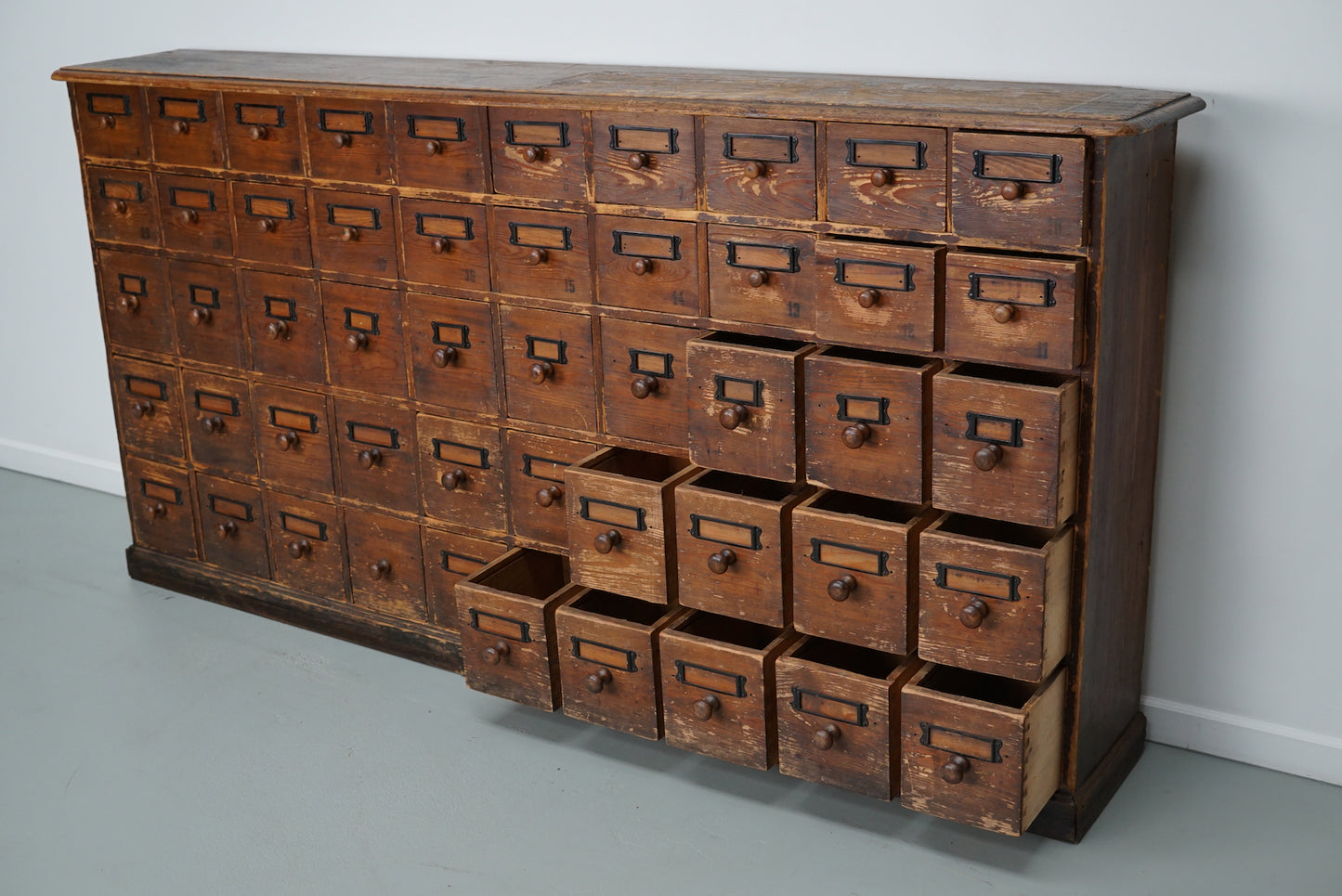 Antique Rustic German Pine Apothecary Cabinet / Bank of Drawers, Early 20thc