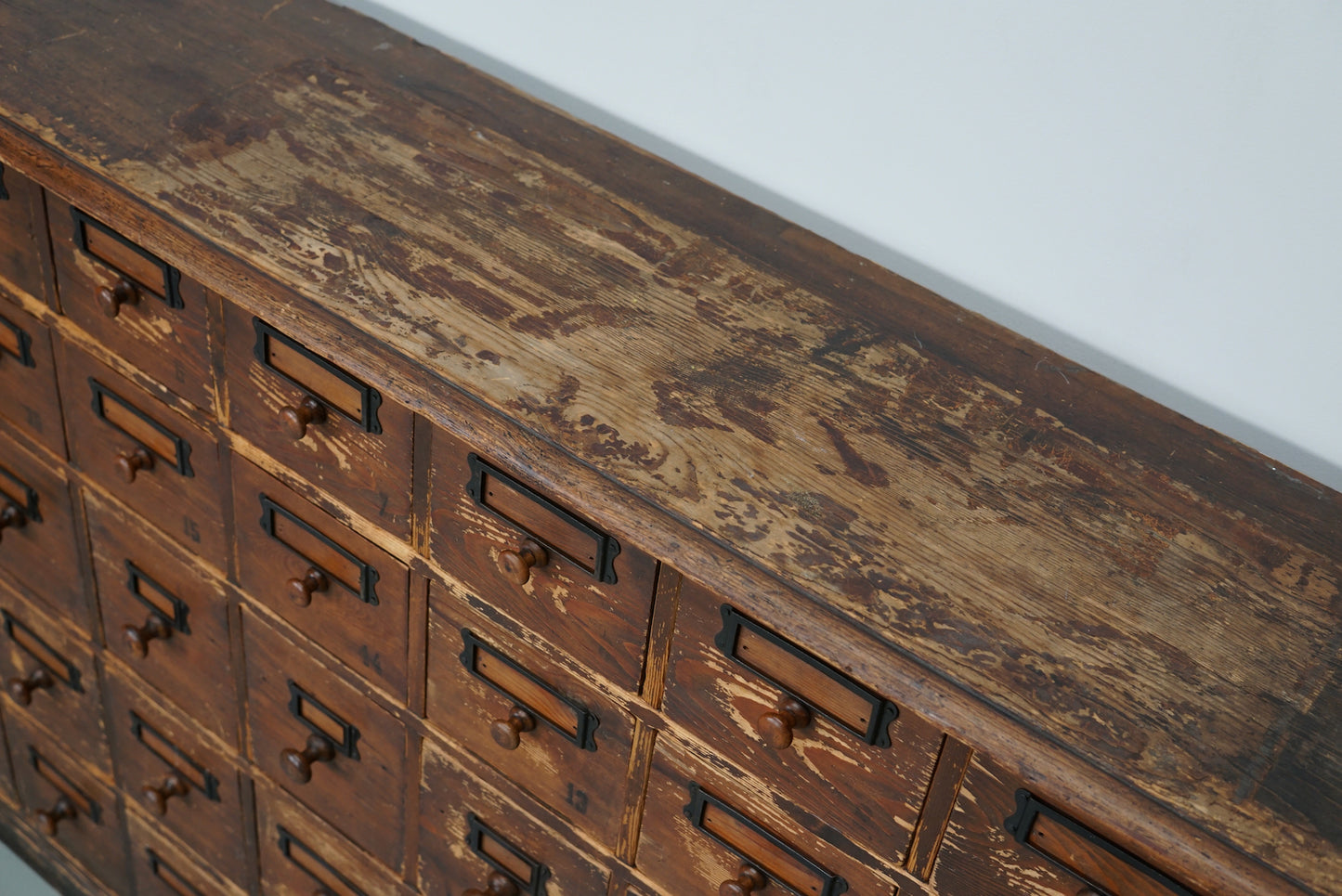 Antique Rustic German Pine Apothecary Cabinet / Bank of Drawers, Early 20thc
