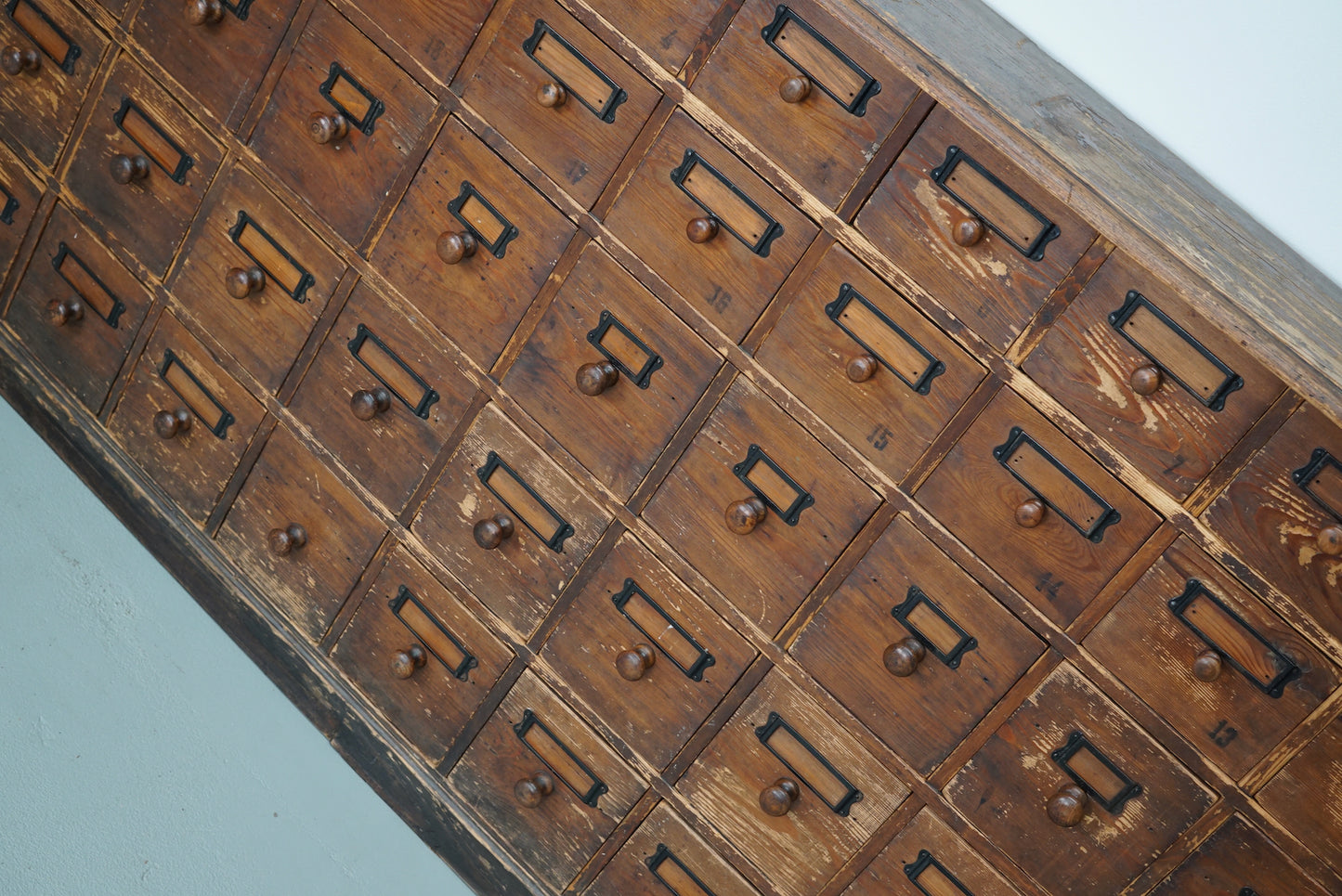 Antique Rustic German Pine Apothecary Cabinet / Bank of Drawers, Early 20thc