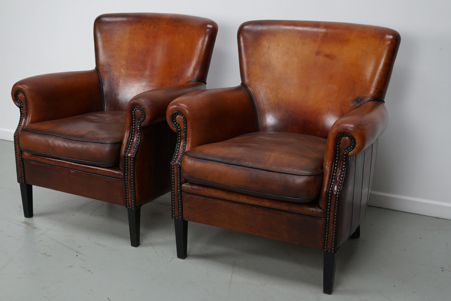 Vintage Dutch Cognac Colored Leather Club Chair, Set of 2