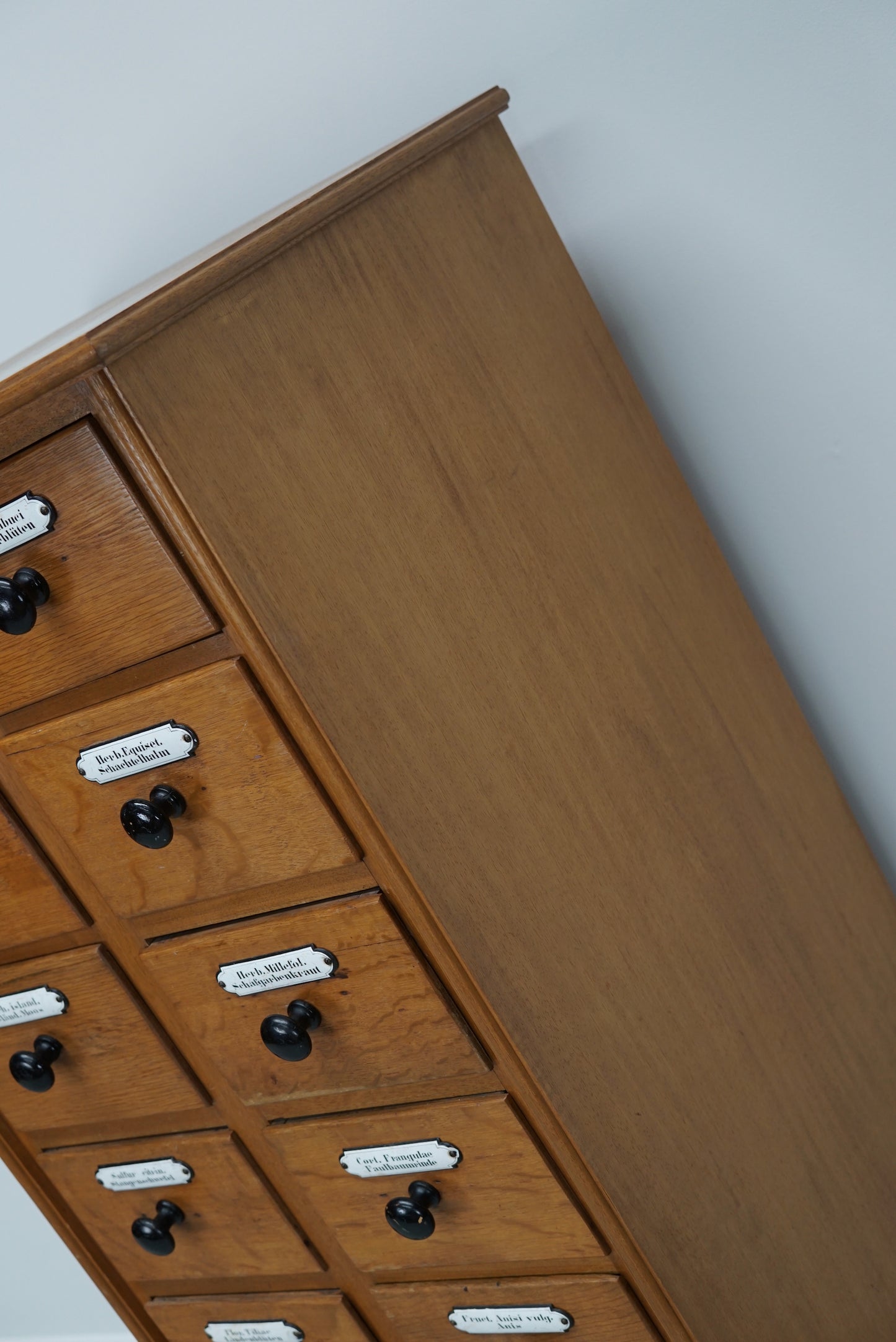 Vintage German Oak Apothecary Cabinet with Enamel Shields, 1940s