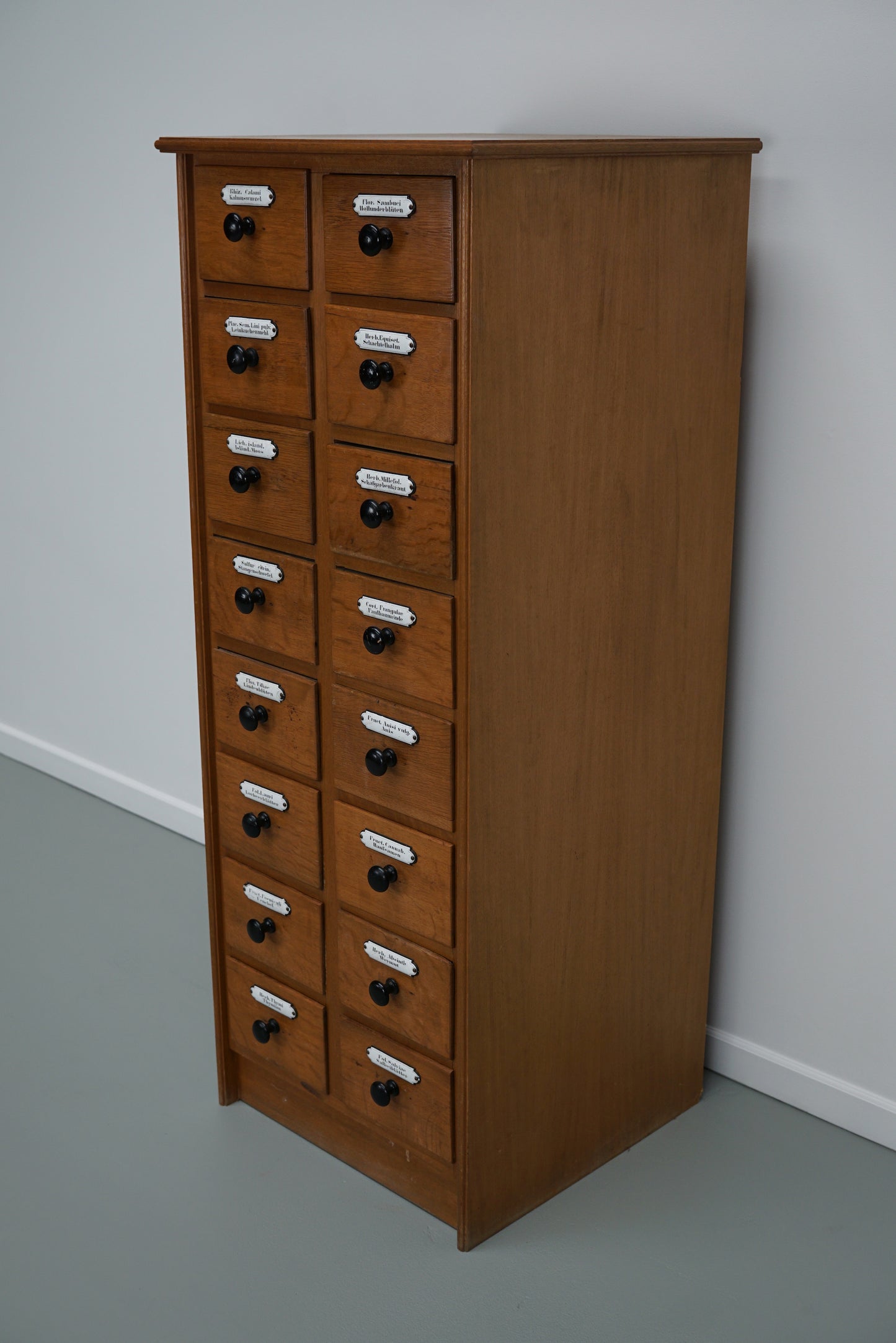 Vintage German Oak Apothecary Cabinet with Enamel Shields, 1940s