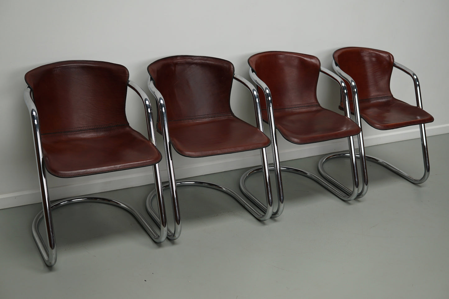 Set of Four Cognac Leather Dining Chairs, Willy Rizzo, 1970s
