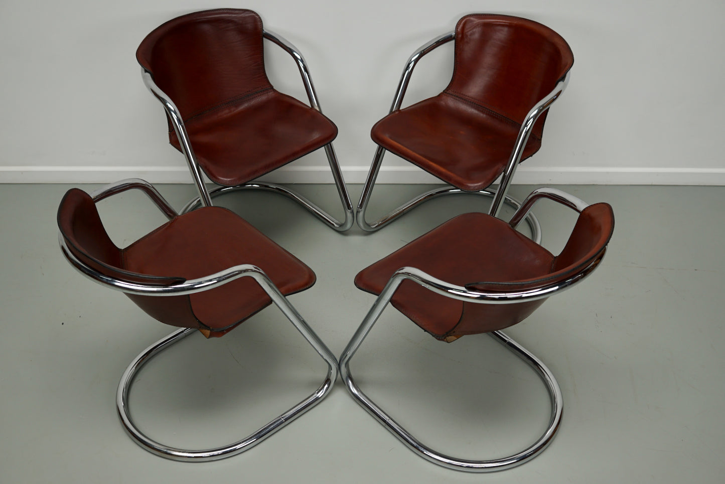Set of Four Cognac Leather Dining Chairs, Willy Rizzo, 1970s