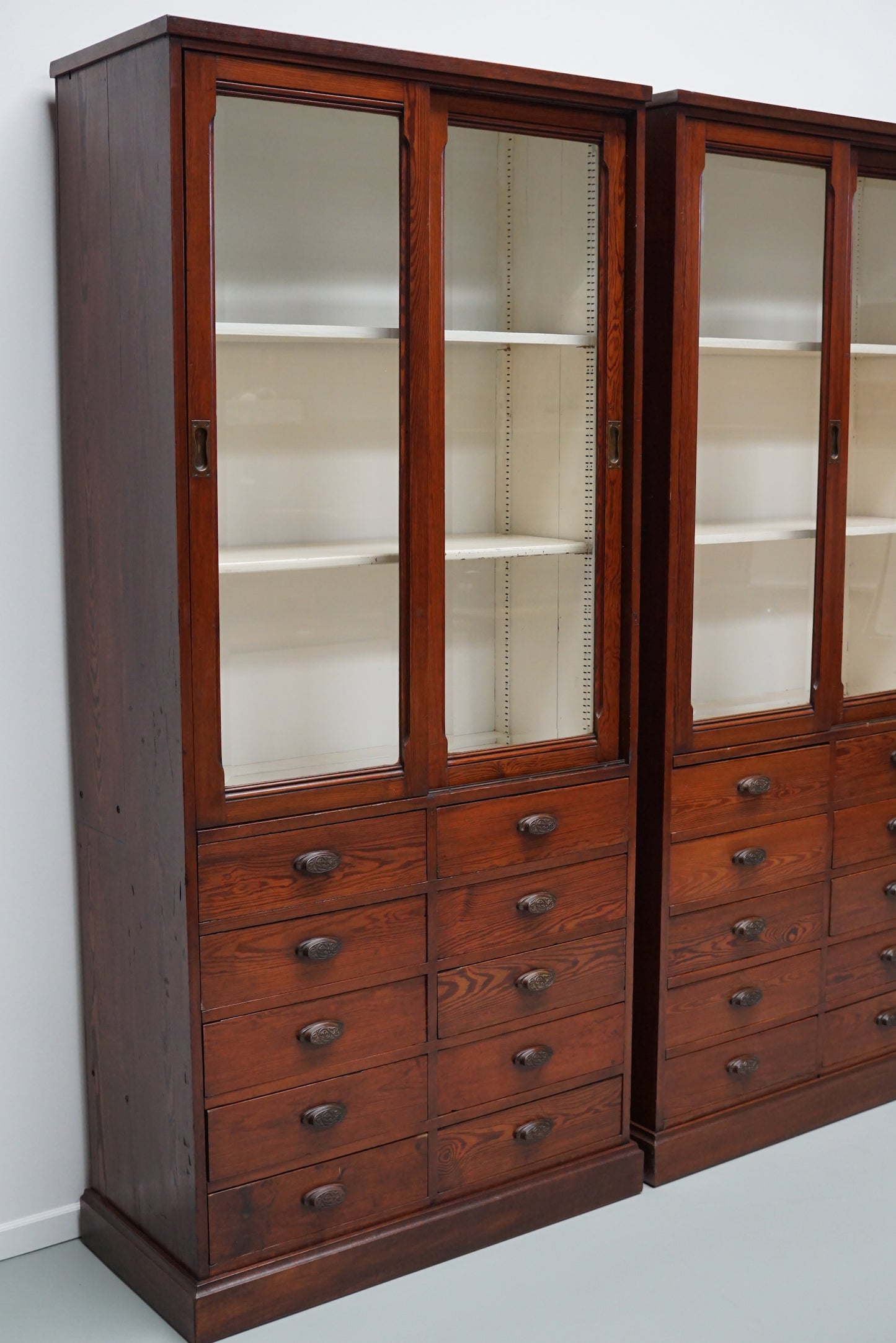 Large Antique Belgian Pitch Pine Apothecary Shop Cabinet / Vitrine, ca 1900