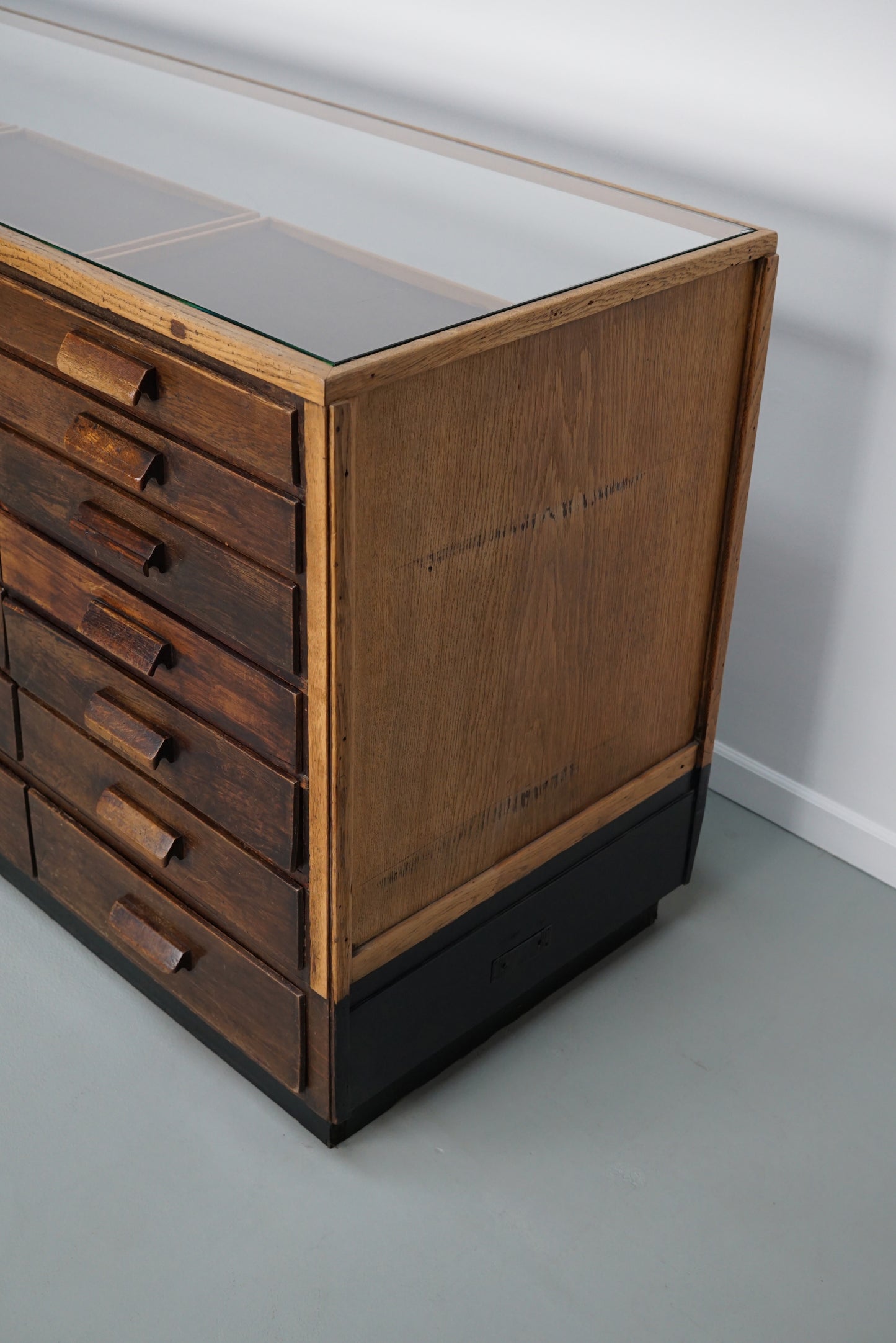 Vintage German Oak Glass Shop Counter Haberdashery Cabinet Vitrine, ca 1950