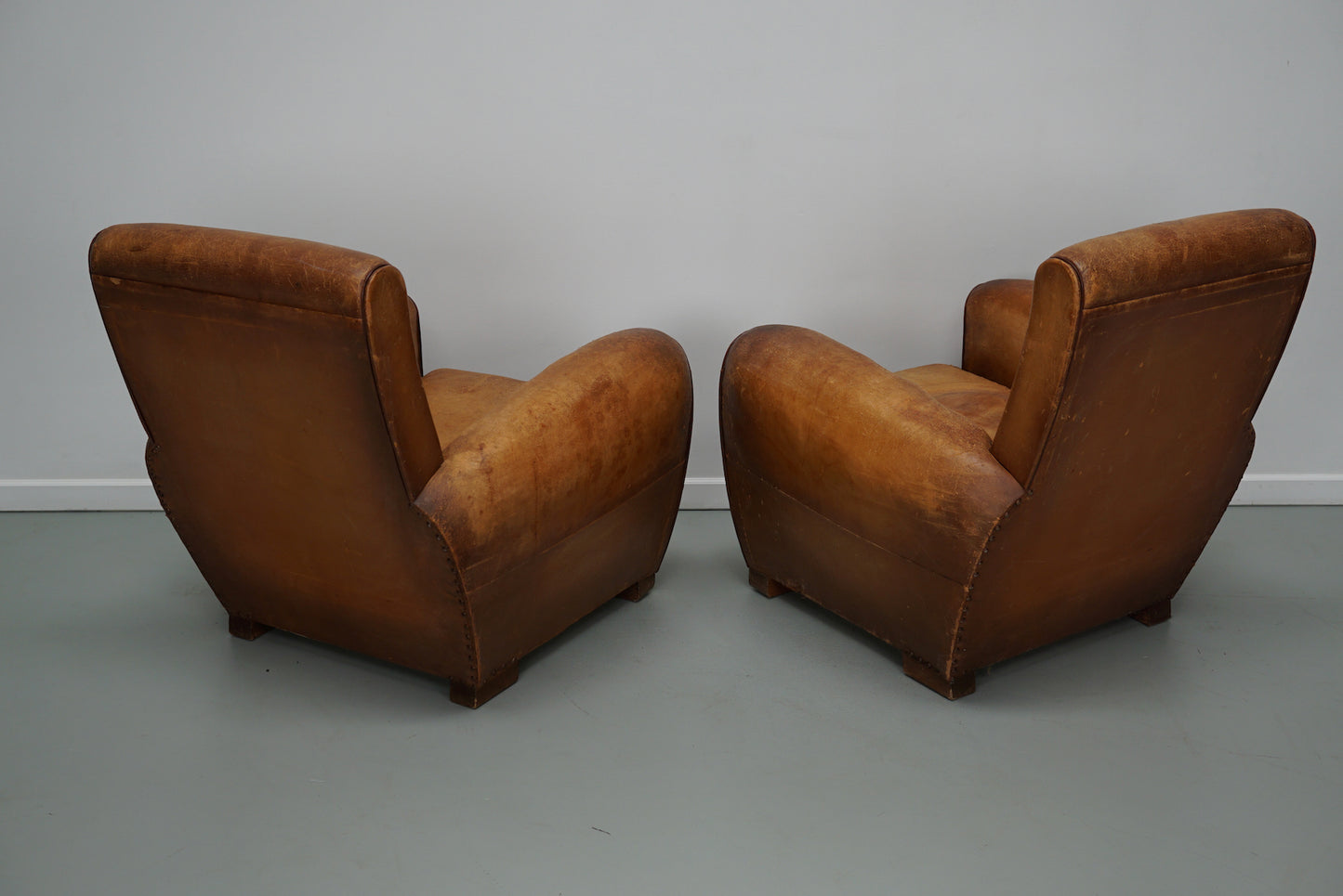 Pair of Vintage French Cognac Leather Club Chairs, Set of 2